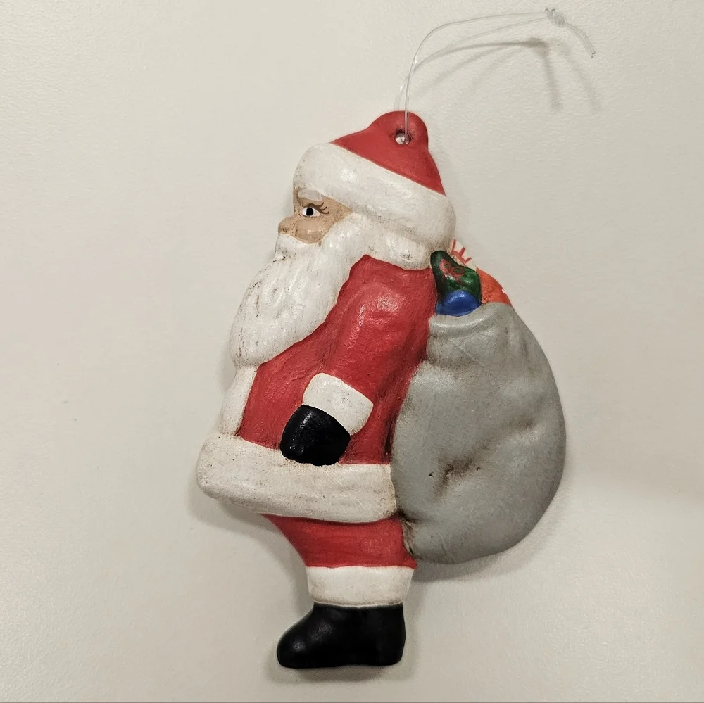Vintage & Rare Hand Painted Ceramic 1978 Santa Claus Holiday Ornament w/ Bag
